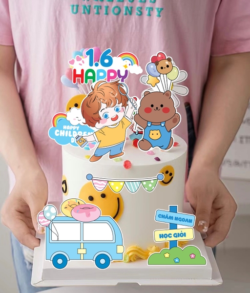 Combo 2 set giấy- bé TRAI ôm kẹo, xe xanh và gấu nâu (happy chidren's day).
