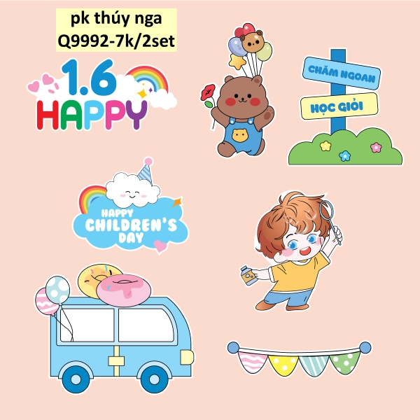 Combo 2 set giấy- bé TRAI ôm kẹo, xe xanh và gấu nâu (happy chidren's day).