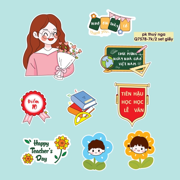 Combo 2 set giấy 20-11: cô giáo và học sinh (mãu 2 - cô giáo đeo kính áo hồng).
