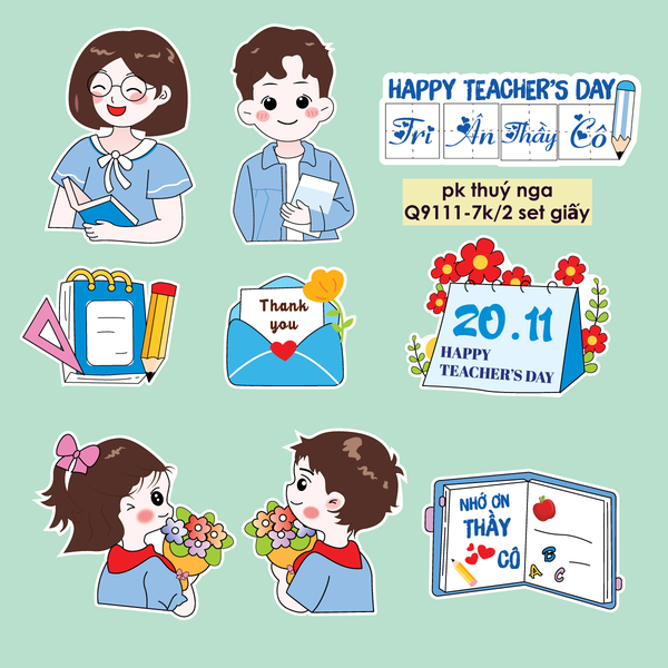 Combo 2 set giấy 20-11: Thầy cô giáo áo màu xanh dương và học sinh (mẫu 5)9111.