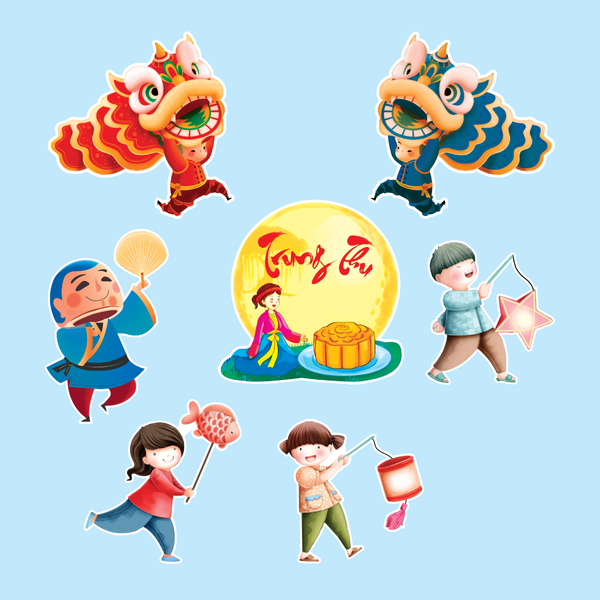 Combo 2 set giấy trung thu  - rước đèn (hằng nga và và bánh trung thu, 2 đầu lân xanh đỏ).