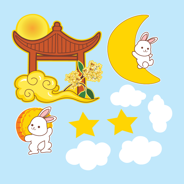 Combo 2 set giấy trung thu - thỏ mẫu 2 (thỏ ngồi trăng vàng).