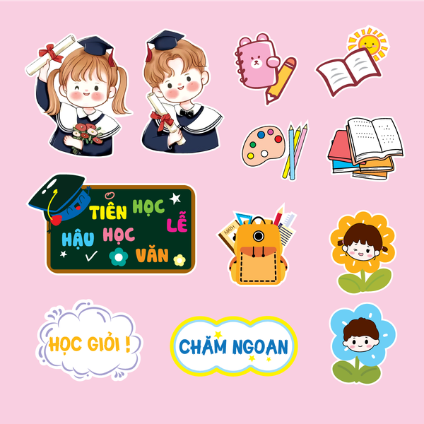 Combo 2 set giấy cử nhân (tốt nghiệp)- mẫu  2 bé trai bé gái, sách vở, chăm ngoan học giỏi9855.