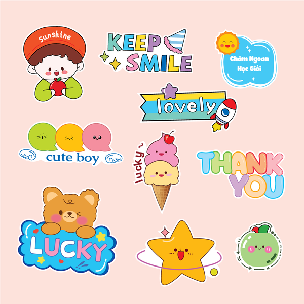 Combo 2 set giấy - bé TRAI áo xanh lá mũ đỏ cầm quả táo + gấu lucky.