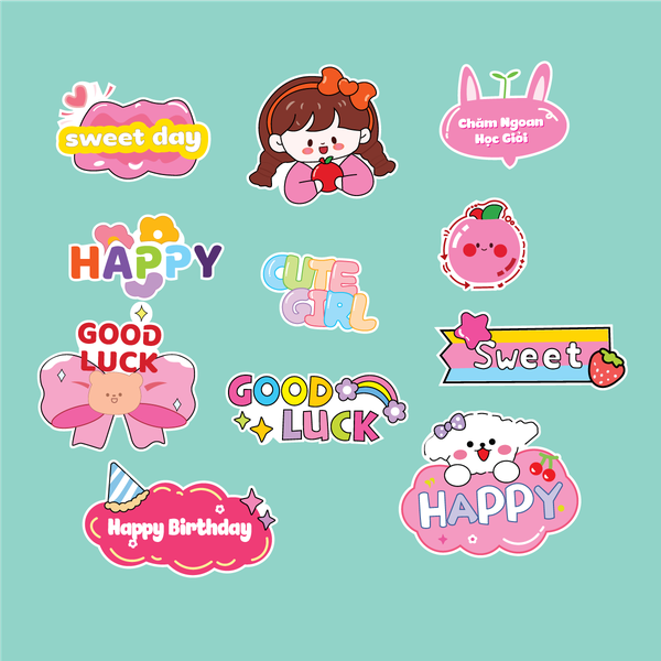 Combo 2 set giấy - bé GÁI áo hồng cài nơ đỏ cầm quả táo + nơ hồng good lucky.