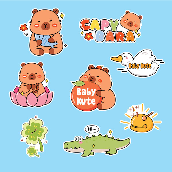 Combo 2 set giấy - capybara, cá sấu xanh, chữ baby kute.