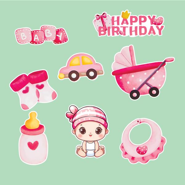 Combo 2 set giấy- bé GÁI ngồi, xe nôi, bình sữa (HỒNG)9862.