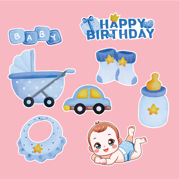 Combo 2 set giấy- bé TRAI nằm, ô tô, xe nôi, bình sữa (XANH).9861