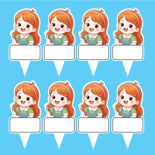 Set 40 thẻ giấy có chân cắm-bé GÁI tóc vàng nâu áo xanh9852.