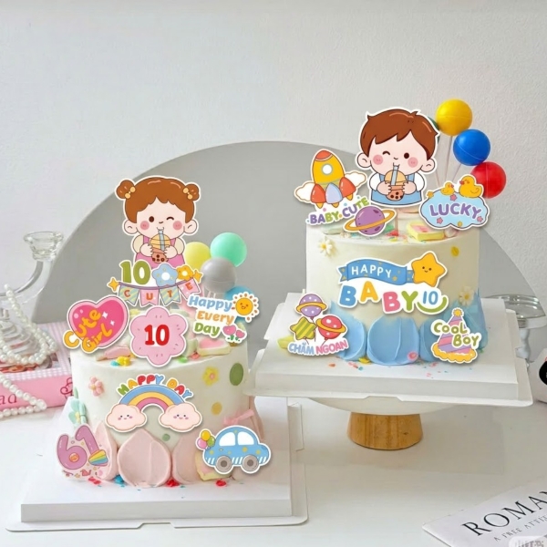Combo 5 set giấy SX - Bé TRAI áo xanh uống trà sữa và chữ lucky vịt vàng.