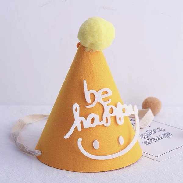 set 10 Mũ sinh nhật vải dạ BE-HAPPY VÀNG KT 12x17cm.