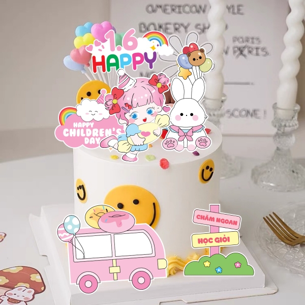 Combo 2 set giấy- bé gái ôm kẹo, xe hồng và thỏ (happy chidren's day).