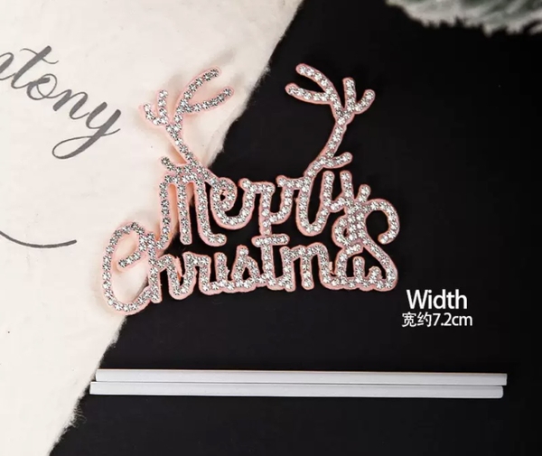 Set 5 cây cắm Merry christmas hình sừng tuần lộc (chữ gắn hạt màu HỒNG).