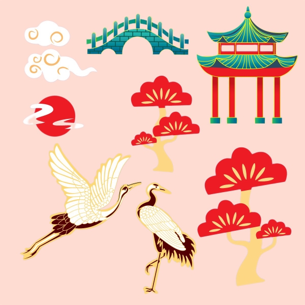 Combo 2 set giấy TẾT- chim hạc, hoa đào đỏ.