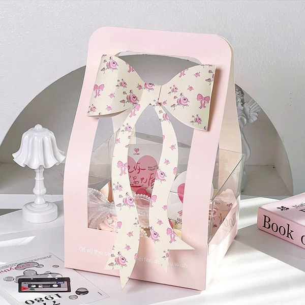 Set 10 hộp cupcake quai xách và nơ-HỒNG.