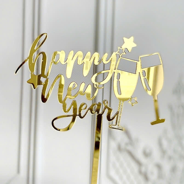 Set 10 mica Happy New Year gắn ly rượu-VÀNG.