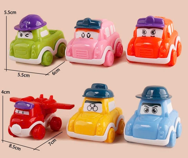 Set 6 ô tô hoạt hình đội mũ (NHỰA NHẸ).