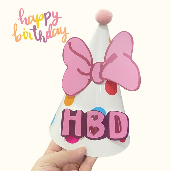Set 10 mũ 3D cán bóng giấy đẹp kt dk 13cmx cao 20cm - nền chấm bi trắng gắn nơ hồng.m05