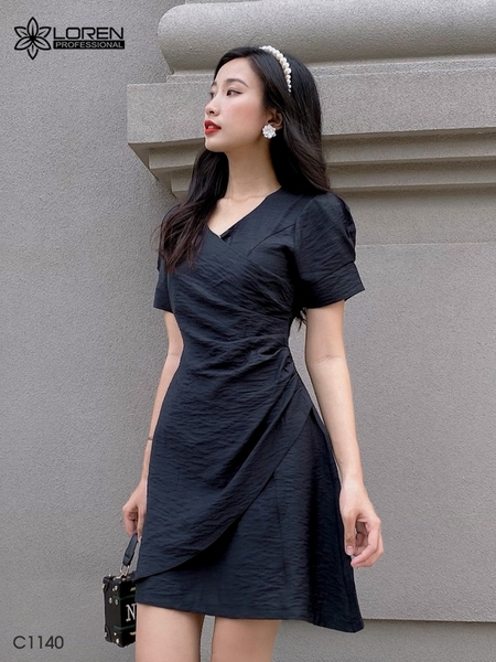 Đầm LOREN xòe cổ chéo đen C1140