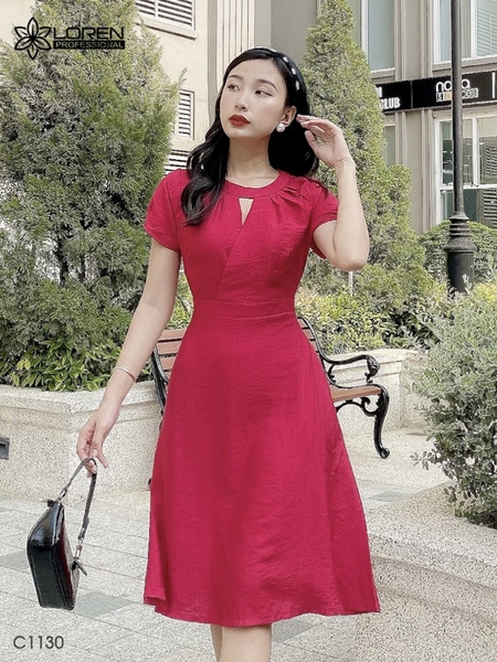 Đầm LOREN xòe cổ tròn đỏ C1130