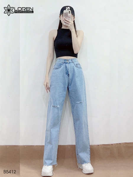 Quần jean ống rộng LOREN rách tua xanh B5412