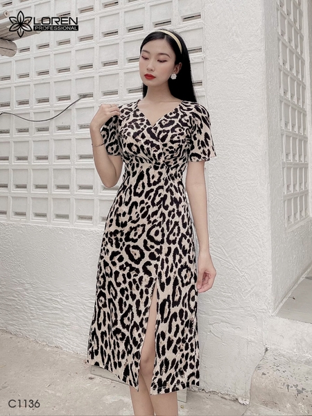 Đầm LOREN hoa vằn xẻ lai vàng C1136