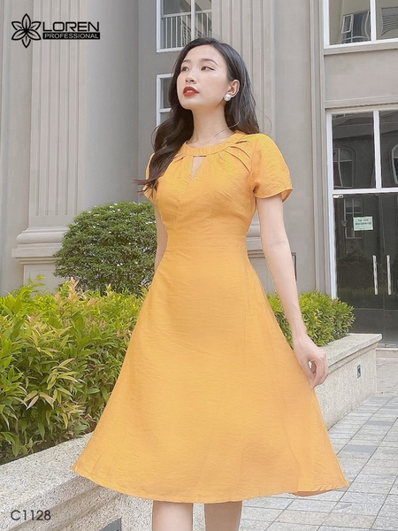Đầm LOREN xòe cổ tròn vàng C1128
