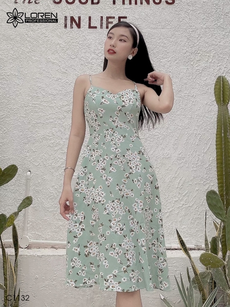 Đầm LOREN 2 dây hoa cúc xanh C1132