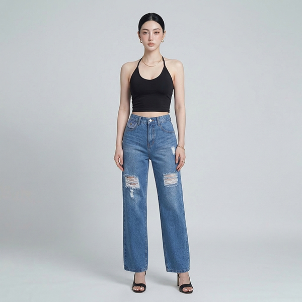 Quần jean nữ LOREN ống rộng rách B51061