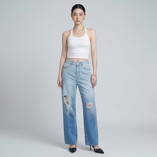 Quần jean nữ LOREN ống rộng wash B51062