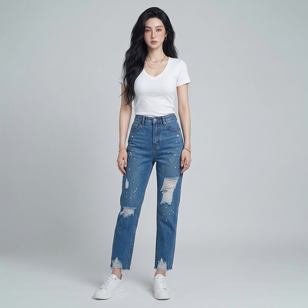 Quần jean baggy LOREN rách tua B5145
