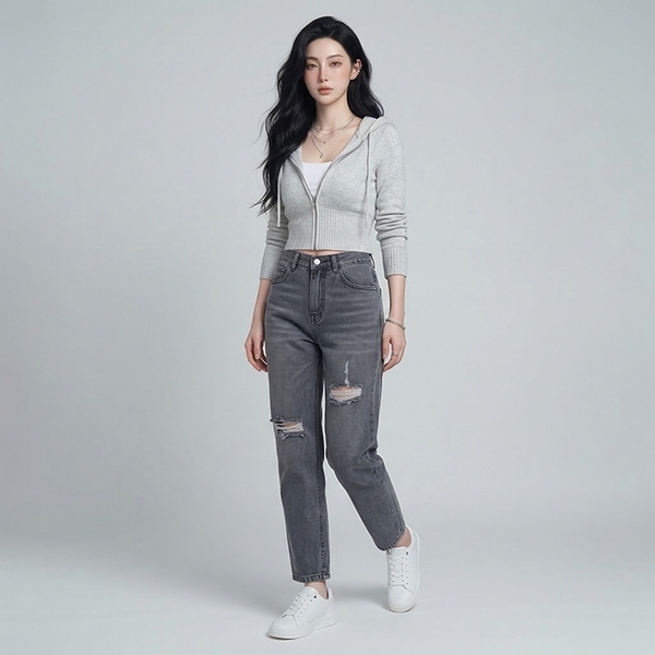 Quần jean baggy LOREN rách xám B5193