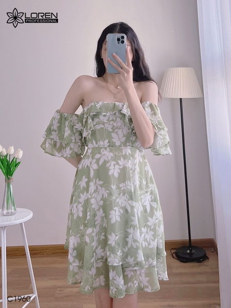 Đầm hoa nữ LOREN bẹt vại xanh bơ C1960