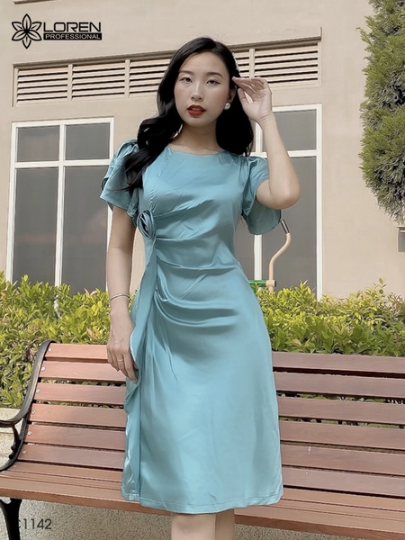 Đầm LOREN đinh bông cổ tròn xanh C1142