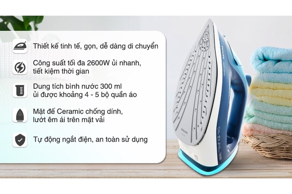 Bàn ủi hơi nước Philips 2600W mặt đế Ceramic DST3040/70
