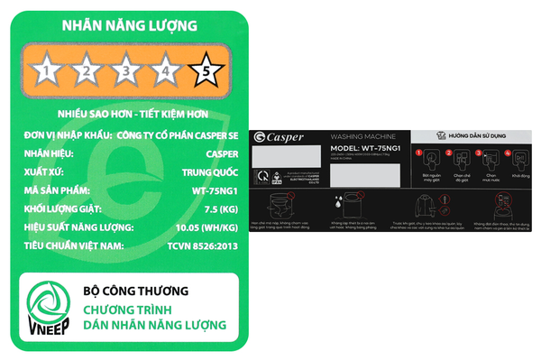 Máy giặt lồng đứng Casper 7.5 kg WT-75NG1