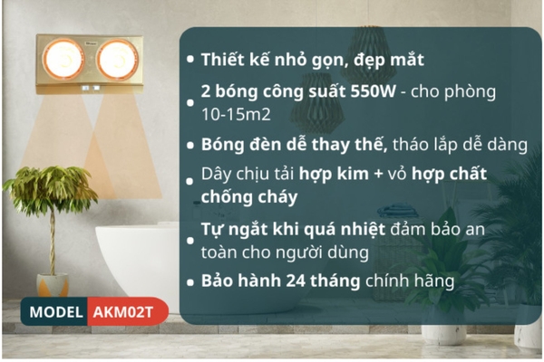 Đèn sưởi nhà tắm 2 bóng Ankomi 550W AKM02T - ảnh 3