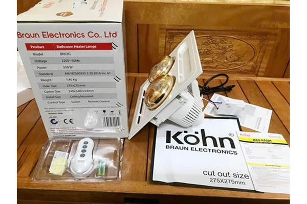 Đèn sưởi nhà tắm 2 bóng Braun Kohn âm trần 550W BK03G