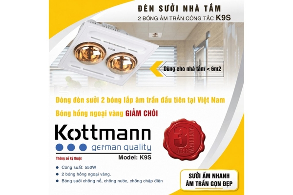 Đèn sưởi nhà tắm 2 bóng Kottmann âm trần 550W K9S
