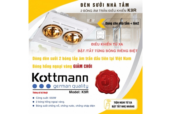 Đèn sưởi nhà tắm 2 bóng Kottmann âm trần điều khiển từ xa 550W K9R