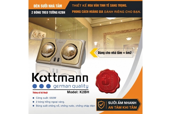 Đèn sưởi nhà tắm 2 bóng Kottmann treo tường 550W K2BH