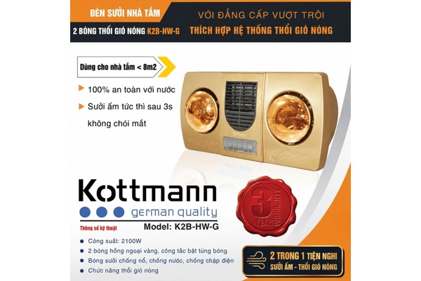Đèn sưởi nhà tắm 2 bóng Kottmann treo tường kèm thổi gió nóng K2B-HW