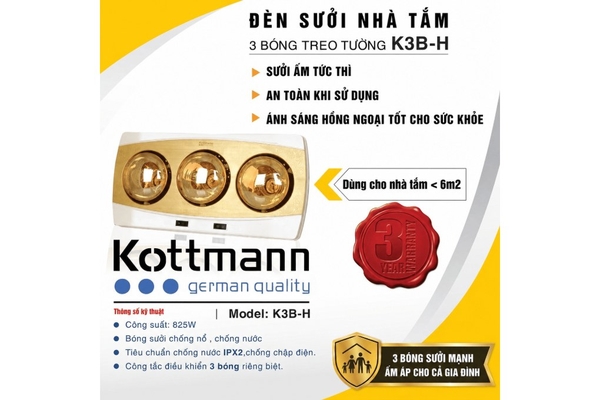 Đèn sưởi nhà tắm 3 bóng Kottmann treo tường 825W K3BH