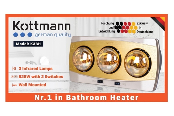 Đèn sưởi nhà tắm 3 bóng Kottmann treo tường 825W K3BH