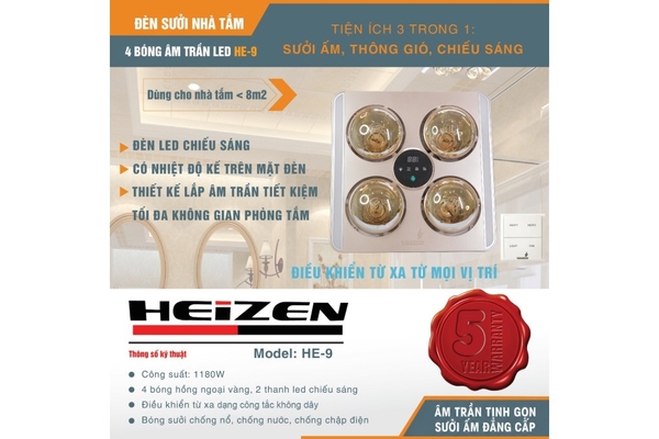 Đèn sưởi nhà tắm 4 bóng Heizen âm trần màn hình LED kèm thông gió điều khiển từ xa 1100W HE9