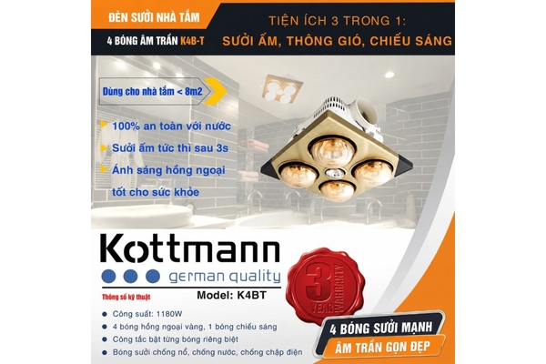 Đèn sưởi nhà tắm 4 bóng Kottmann âm trần 1180W K4BT