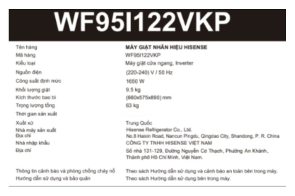 Máy giặt Hisense Inverter 9.5 kg WF95I122VKP