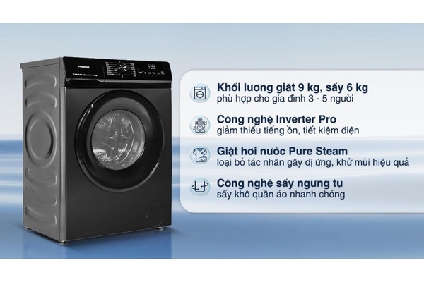Máy giặt sấy Hisense Inverter giặt 9 kg sấy 6 kg WD90N1Y