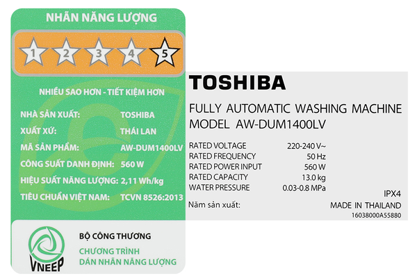 Máy giặt Toshiba Inverter 13 kg AW-DUM1400LV (MK) - ảnh 9