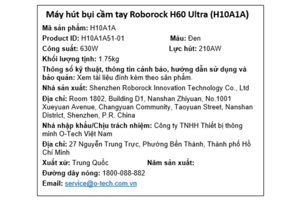Máy hút bụi không dây Roborock H60 Ultra